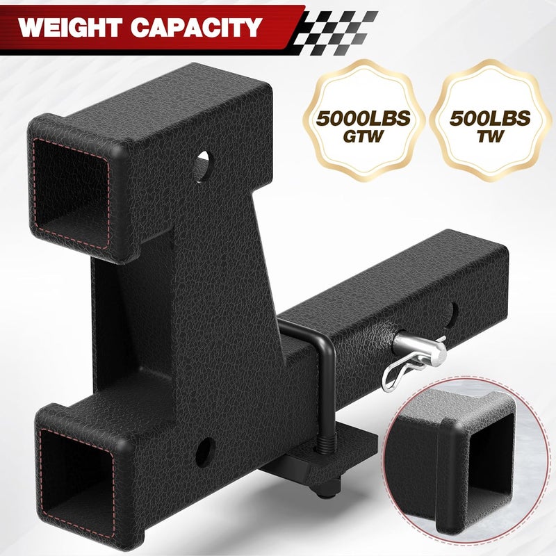 longsen 2 Inch Hitch Extension - Dual Receiver for Trailer & Bike Rack, Adjustable Length 7.3-9.3 Inches, Includes Pin, Clip & Anti-Rattle Kit, 5000lbs - Image 5